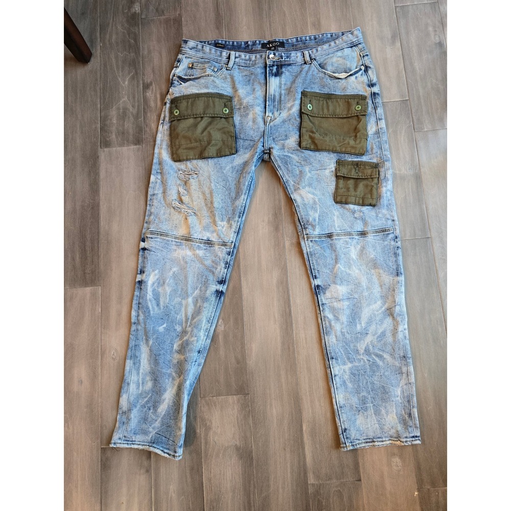 AKOO Delinquent Mens Acid Wash Cargo Distressed Streetwear Jeans Blue Size 42